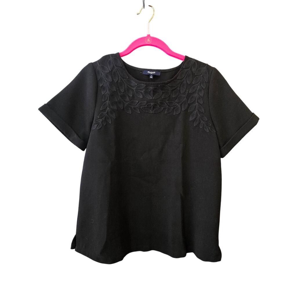 Madewell Womens Ivy Leaf Applique Embroidered Black Boxy Rolled Sleeve Top | S